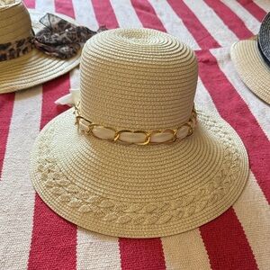 Elegant Cream Sun Hat with Gold Chain Accent